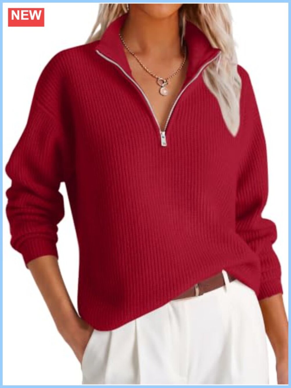 Cropped Quarter Zip Pullover Sweater Loose Knit Fall Work Top